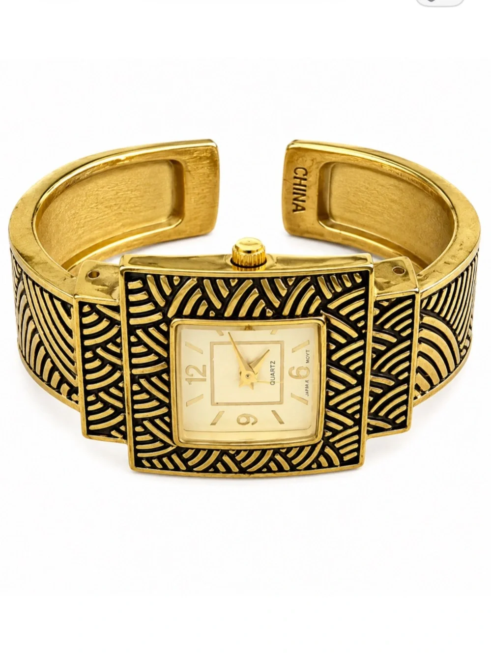 Y2K Gold Tone Statement Cuff Bracelet Watch – Japan Quartz Movt – FSC# F322859